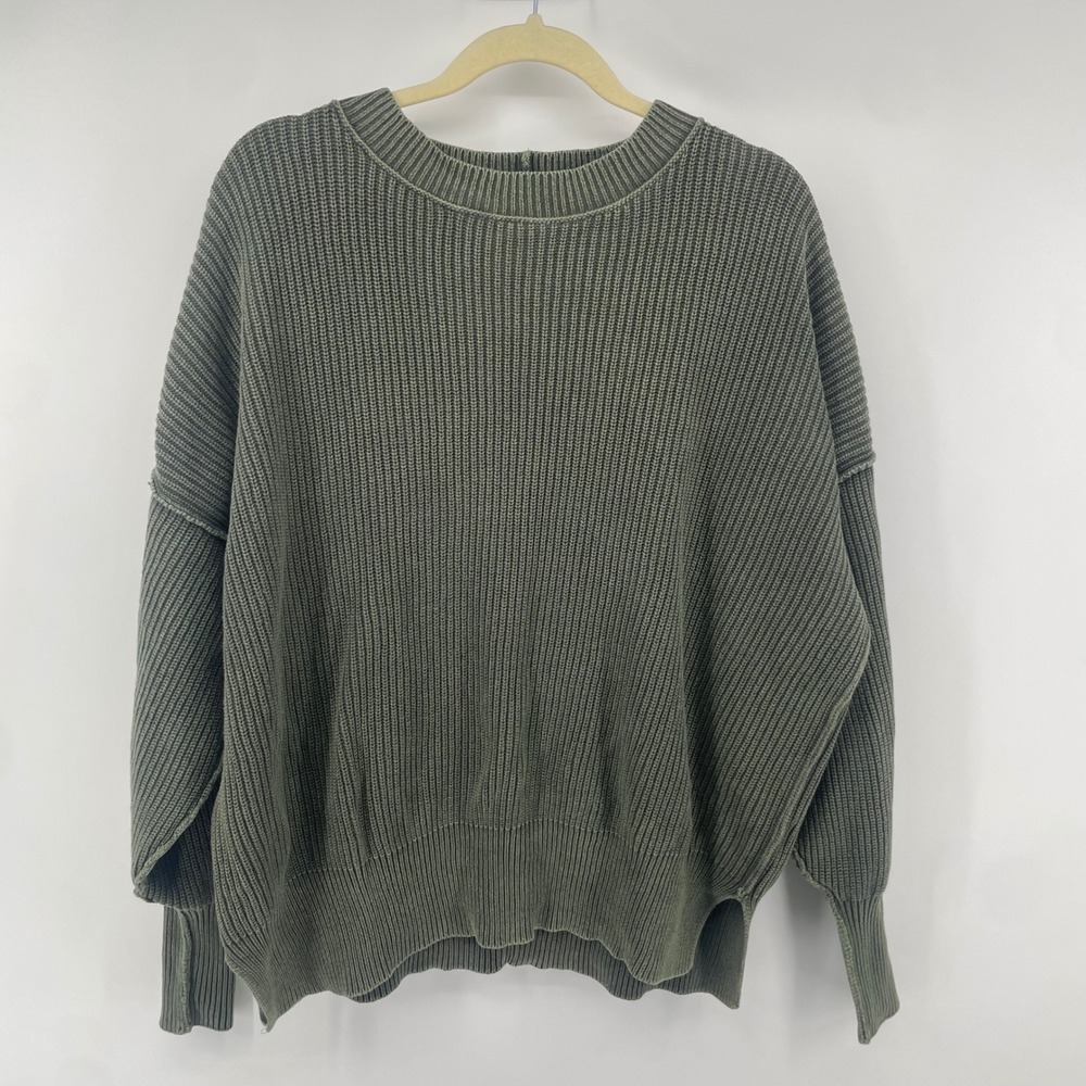 Aerie Sweater Womens XS Green Oversized Shaker Stitch Ribbed Knit Crewneck Cozy